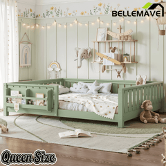 Bellemave® Queen Size Floor Bed with Slats and Safety Guardrail, Easy Assemble Montessori Beds with Fence and Built-in Bookshelf for Girls, Boys, White - Bellemave
