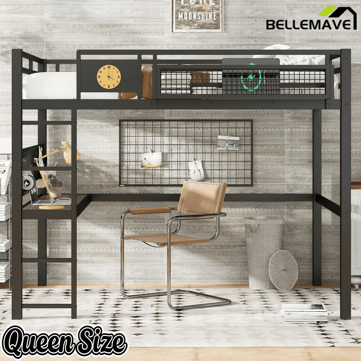 Bellemave® Queen Size Heavy Duty Metal Loft Bed with Desk, Side Clock, Charging Station & Pegboard for Kids,Teens,Adults, Black - Bellemave