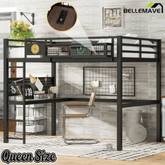 Bellemave® Queen Size Heavy Duty Metal Loft Bed with Desk, Side Clock, Charging Station & Pegboard for Kids,Teens,Adults, Black - Bellemave