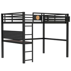 Bellemave® Queen Size Heavy Duty Metal Loft Bed with Desk, Side Clock, Charging Station & Pegboard for Kids,Teens,Adults, Black - Bellemave