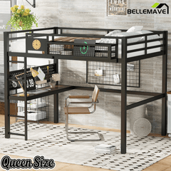 Bellemave® Queen Size Heavy Duty Metal Loft Bed with Desk, Side Clock, Charging Station & Pegboard for Kids,Teens,Adults, Black - Bellemave