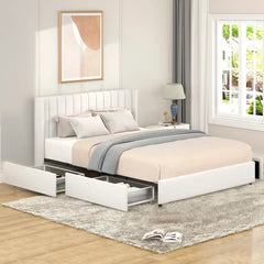 Bellemave® Queen Size Ivory Upholstered Platform Bed with Patented 4 Drawers Storage, Tufted Headboard and Wooden Slat Support - Bellemave