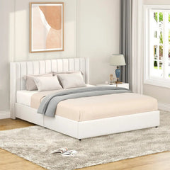 Bellemave® Queen Size Ivory Upholstered Platform Bed with Patented 4 Drawers Storage, Tufted Headboard and Wooden Slat Support - Bellemave