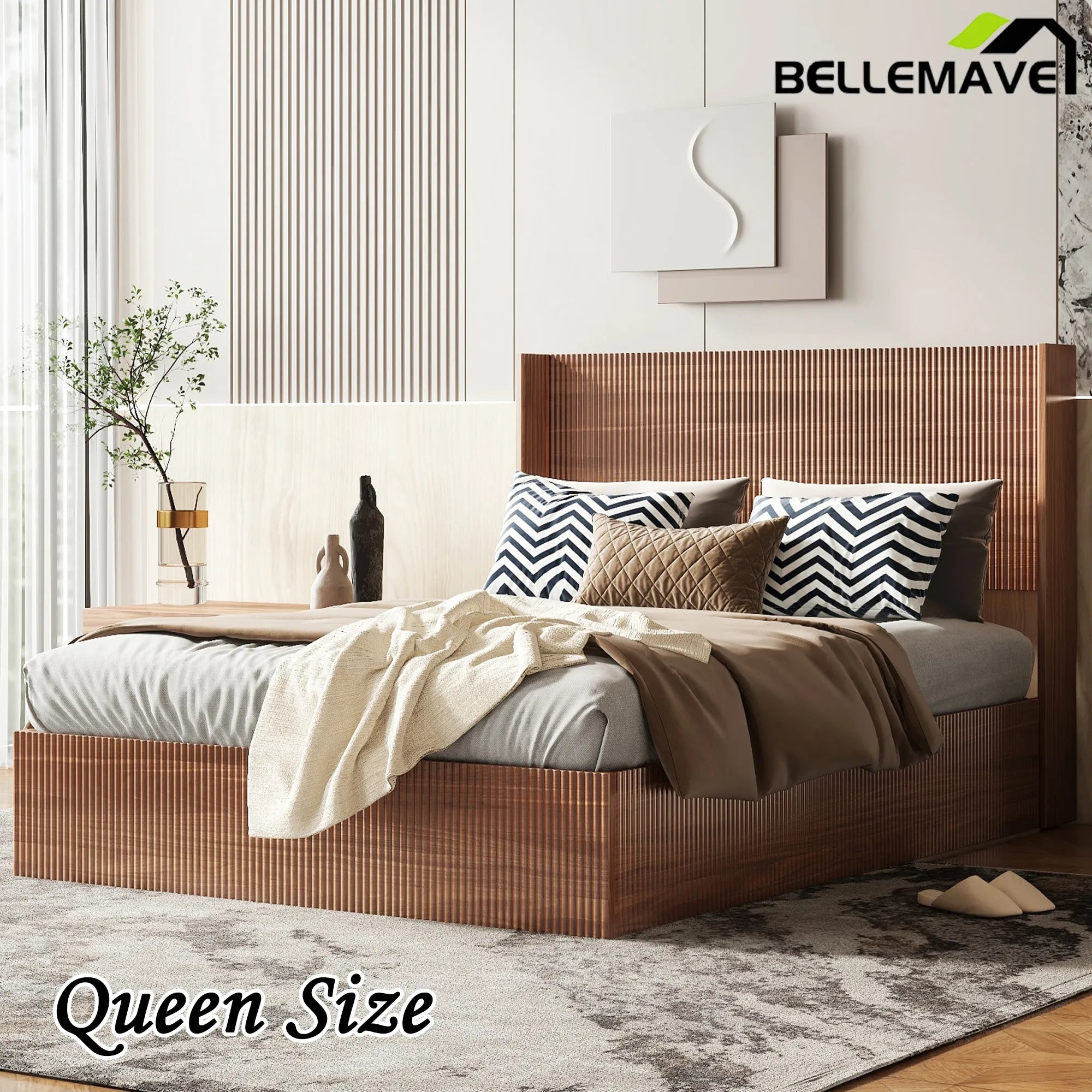 Bellemave® Queen Size Large Grooved Undulating Lift Storage Platform Bed - Bellemave
