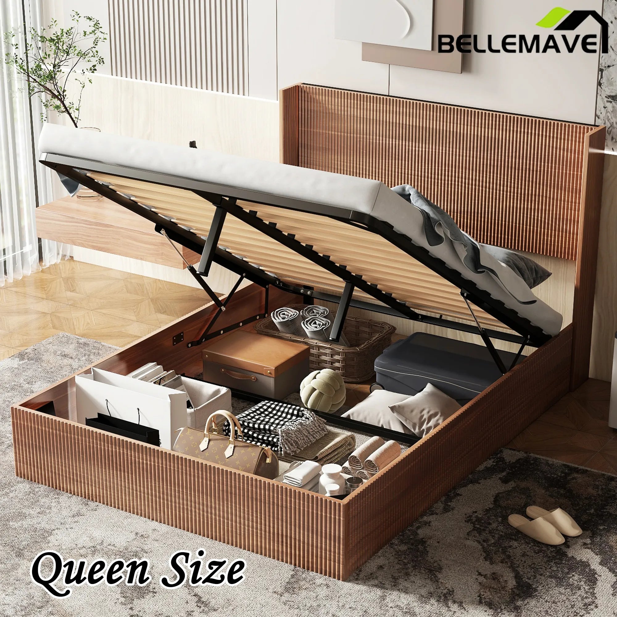 Bellemave® Queen Size Large Grooved Undulating Lift Storage Platform Bed - Bellemave