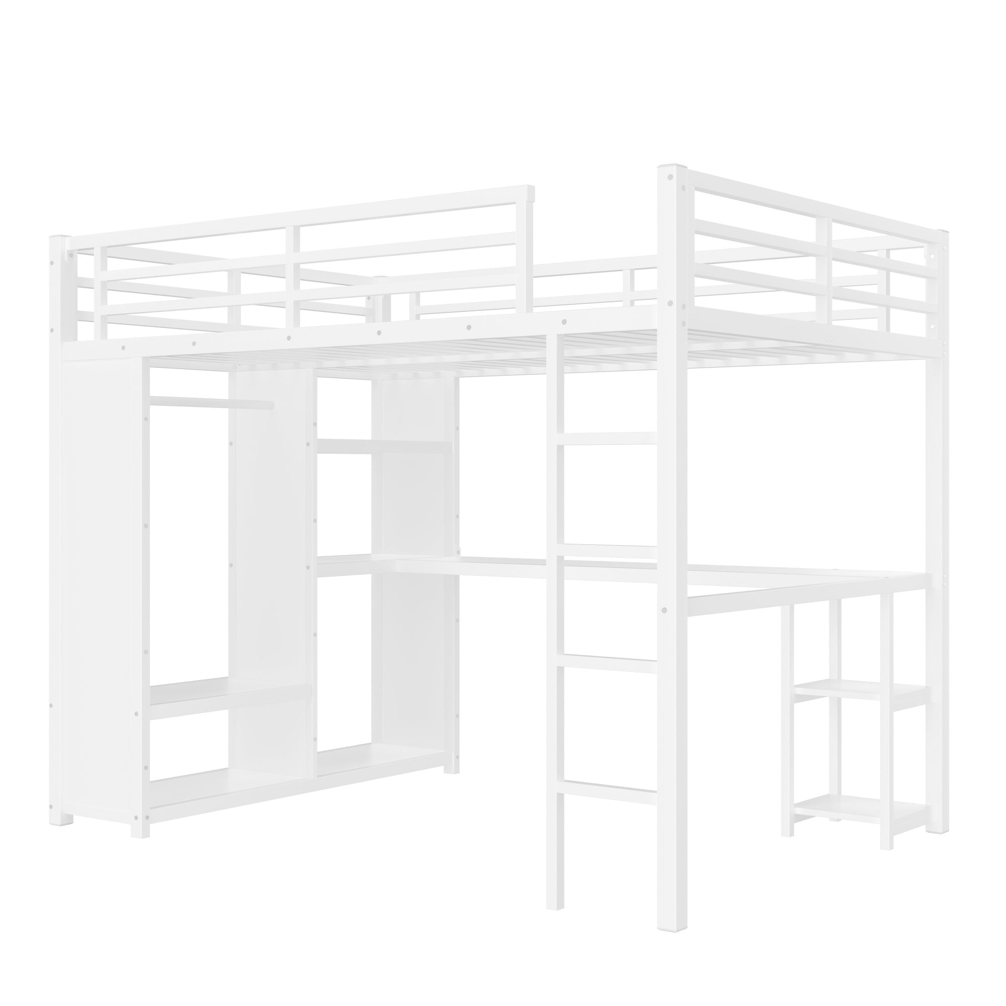 Bellemave® Queen Size Loft Bed with Built - in Wardrobe, Metal Loft Bed Frame with Desk and Storage Shelves, Black - Bellemave