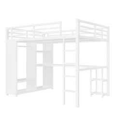 Bellemave® Queen Size Loft Bed with Built - in Wardrobe, Metal Loft Bed Frame with Desk and Storage Shelves, Black - Bellemave