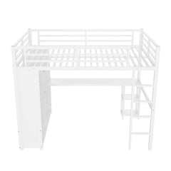 Bellemave® Queen Size Loft Bed with Built - in Wardrobe, Metal Loft Bed Frame with Desk and Storage Shelves, Black - Bellemave