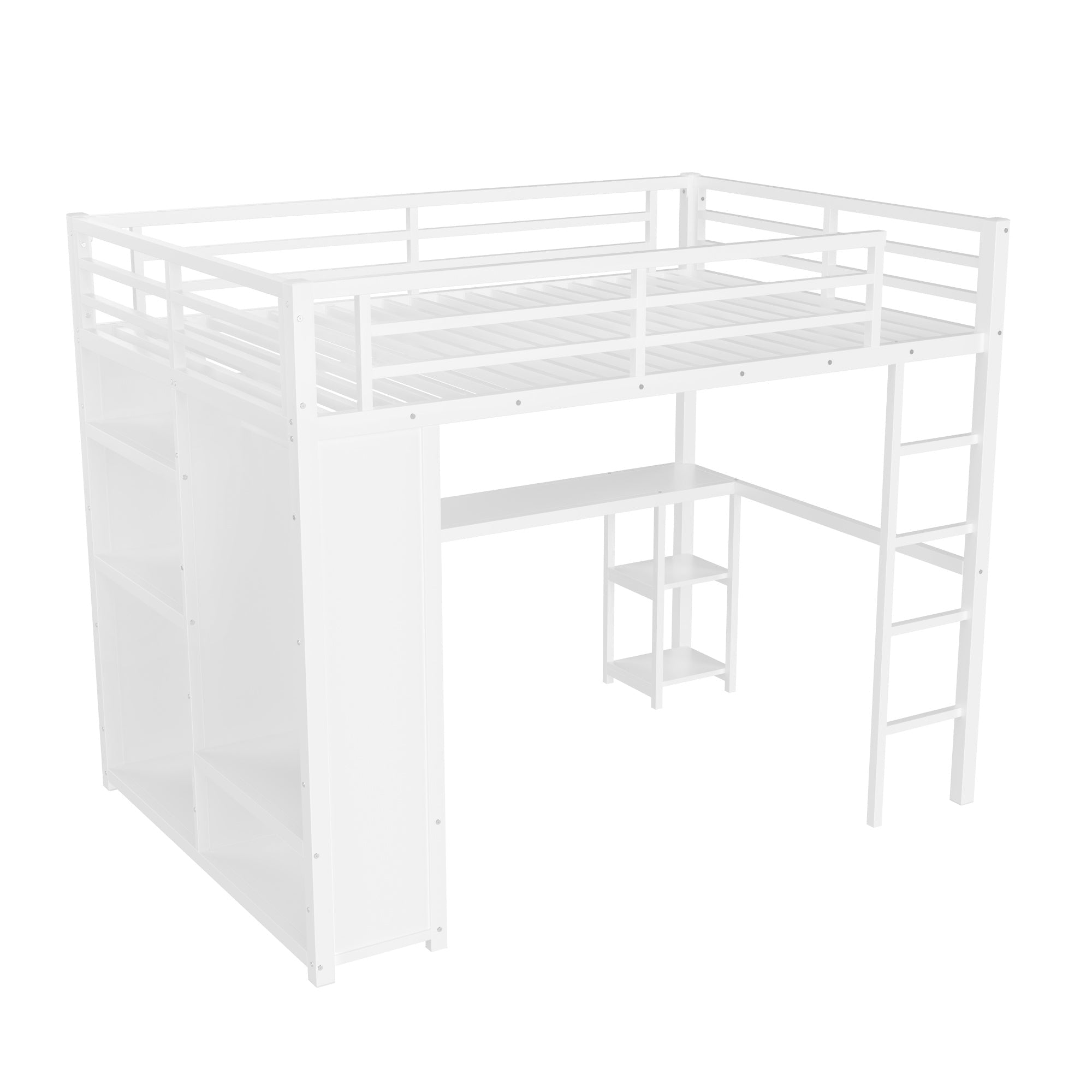 Bellemave® Queen Size Loft Bed with Built - in Wardrobe, Metal Loft Bed Frame with Desk and Storage Shelves, Black - Bellemave