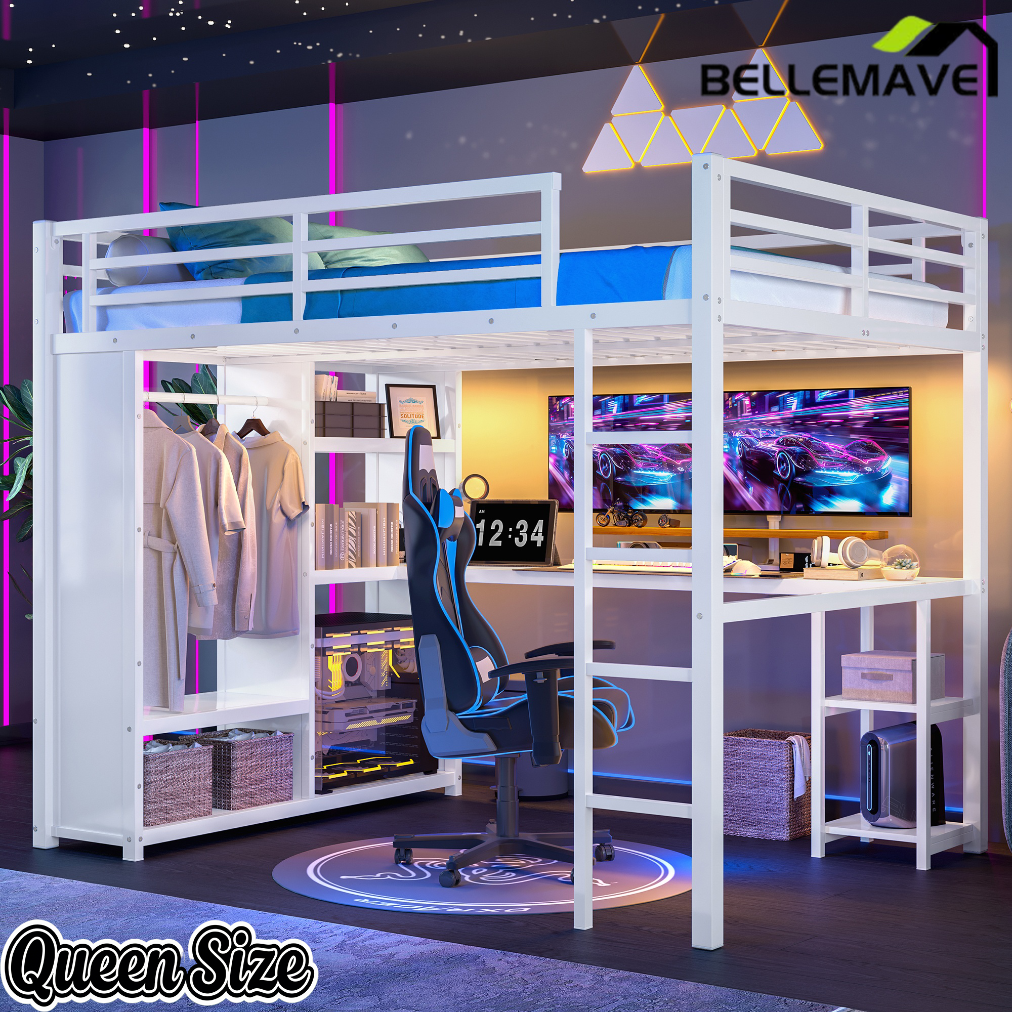 Bellemave® Queen Size Loft Bed with Built - in Wardrobe, Metal Loft Bed Frame with Desk and Storage Shelves, Black - Bellemave