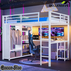 Bellemave® Queen Size Loft Bed with Built - in Wardrobe, Metal Loft Bed Frame with Desk and Storage Shelves, Black - Bellemave