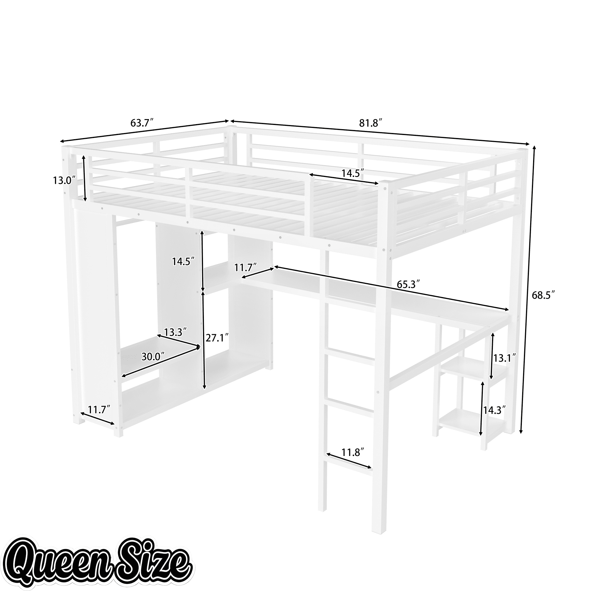 Bellemave® Queen Size Loft Bed with Built - in Wardrobe, Metal Loft Bed Frame with Desk and Storage Shelves, Black - Bellemave