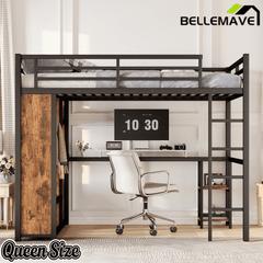 Bellemave® Queen Size Loft Bed with Built - in Wardrobe, Metal Loft Bed Frame with Desk and Storage Shelves, Black - Bellemave