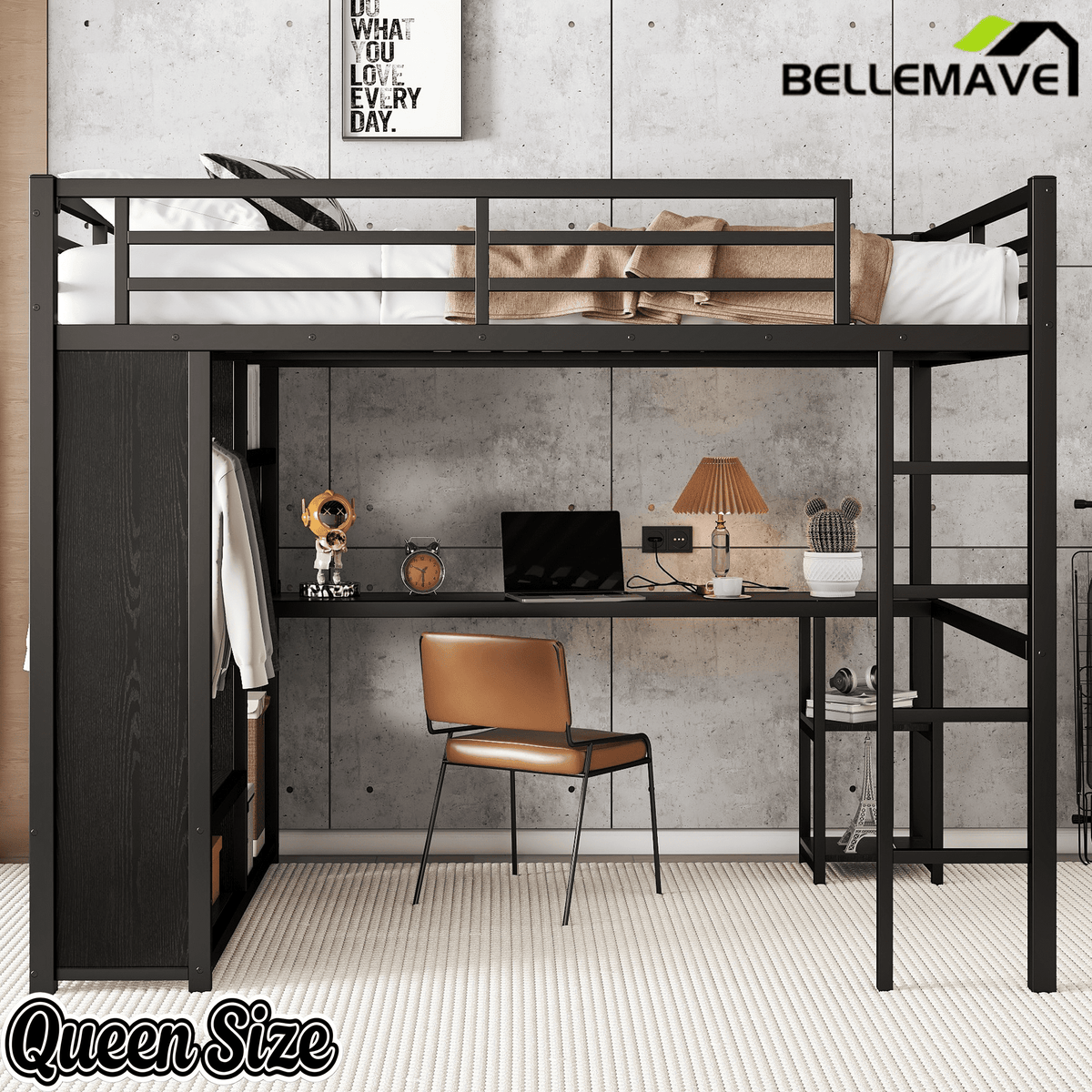Bellemave® Queen Size Loft Bed with Built - in Wardrobe, Metal Loft Bed Frame with Desk and Storage Shelves, Black - Bellemave