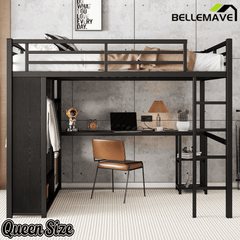 Bellemave® Queen Size Loft Bed with Built - in Wardrobe, Metal Loft Bed Frame with Desk and Storage Shelves, Black - Bellemave