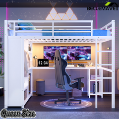 Bellemave® Queen Size Loft Bed with Built - in Wardrobe, Metal Loft Bed Frame with Desk and Storage Shelves, Black - Bellemave