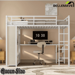 Bellemave® Queen Size Loft Bed with Built - in Wardrobe, Metal Loft Bed Frame with Desk and Storage Shelves, Black - Bellemave