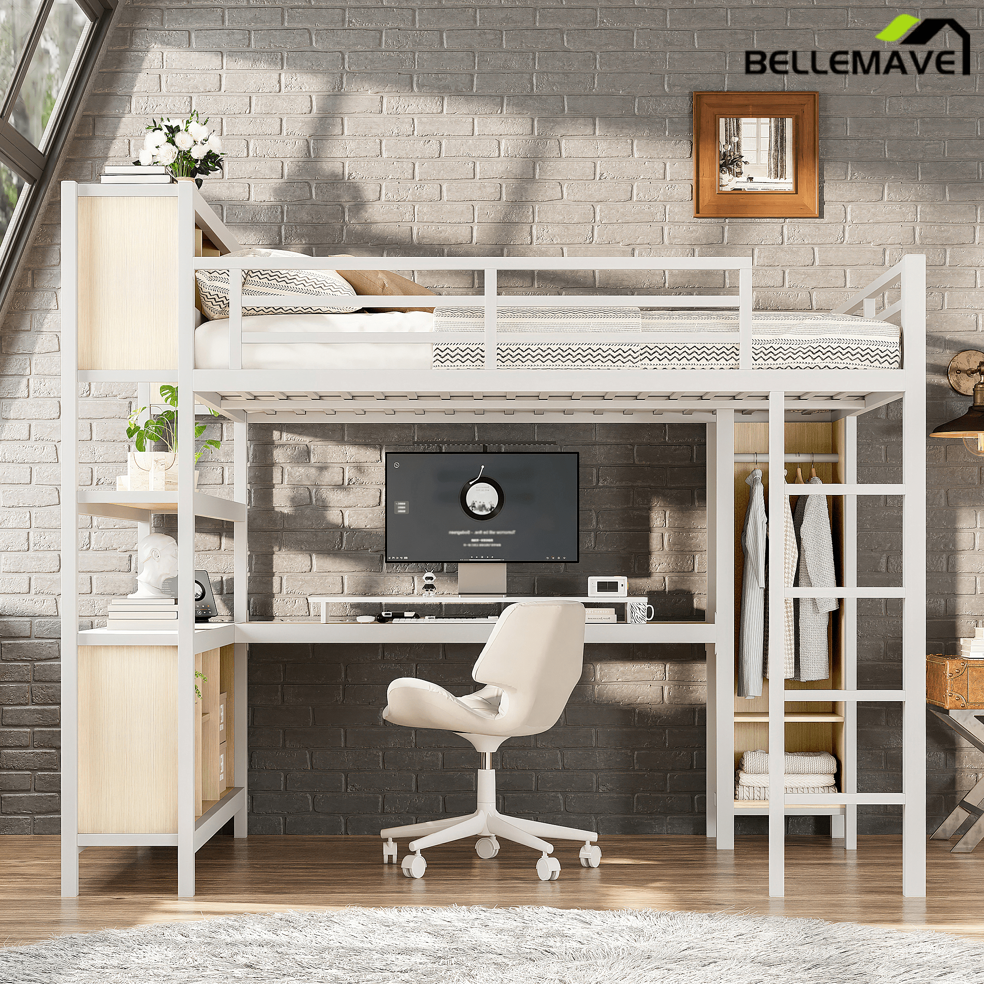 Bellemave® Queen Size Loft Bed with Desk, Wardrobe, Storage Cubes and Shelves, Metal Queen Loft Bed Frame for Adults, Kids, Teens, Black and Woodgrain - Bellemave