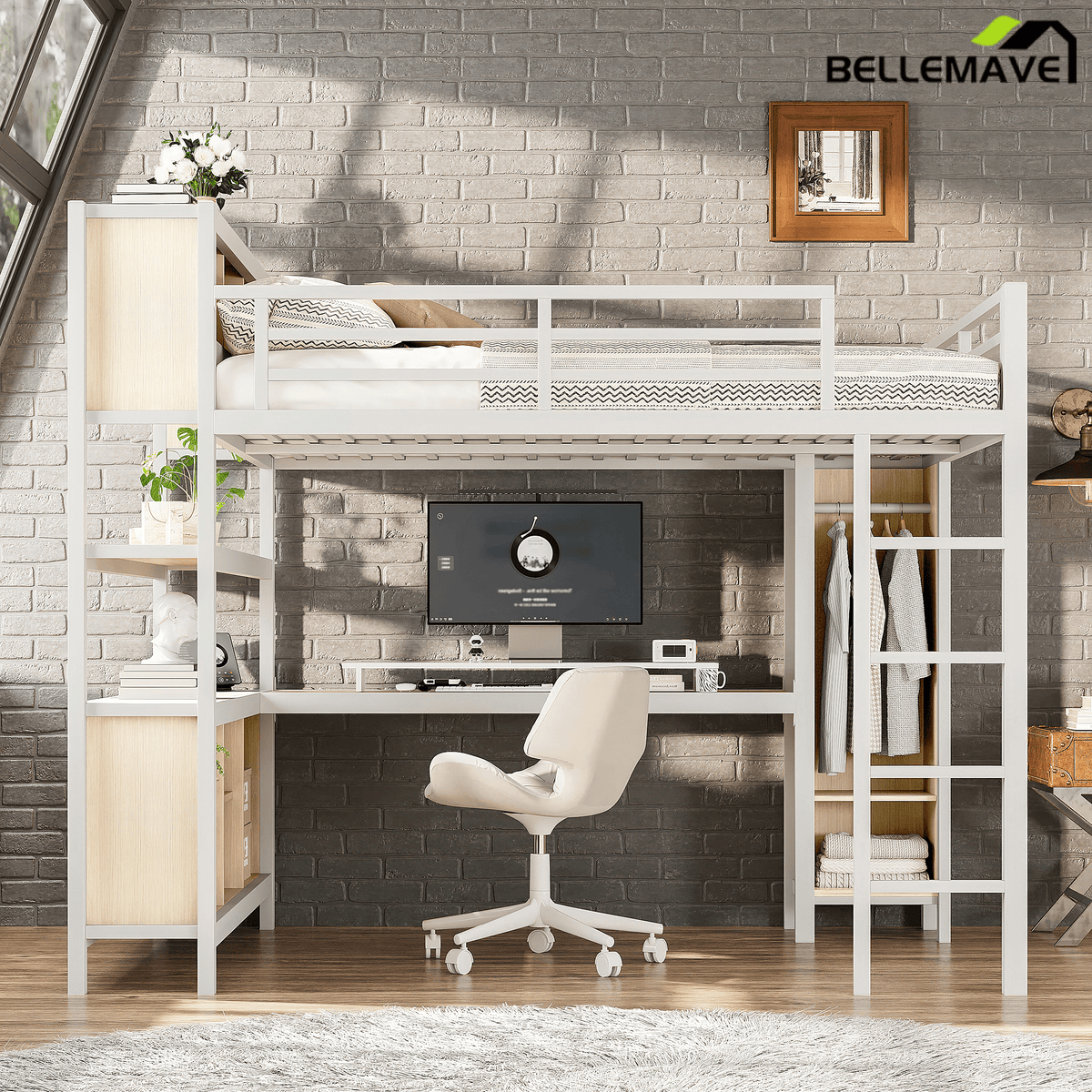Bellemave® Queen Size Loft Bed with Desk, Wardrobe, Storage Cubes and Shelves, Metal Queen Loft Bed Frame for Adults, Kids, Teens, Black and Woodgrain - Bellemave