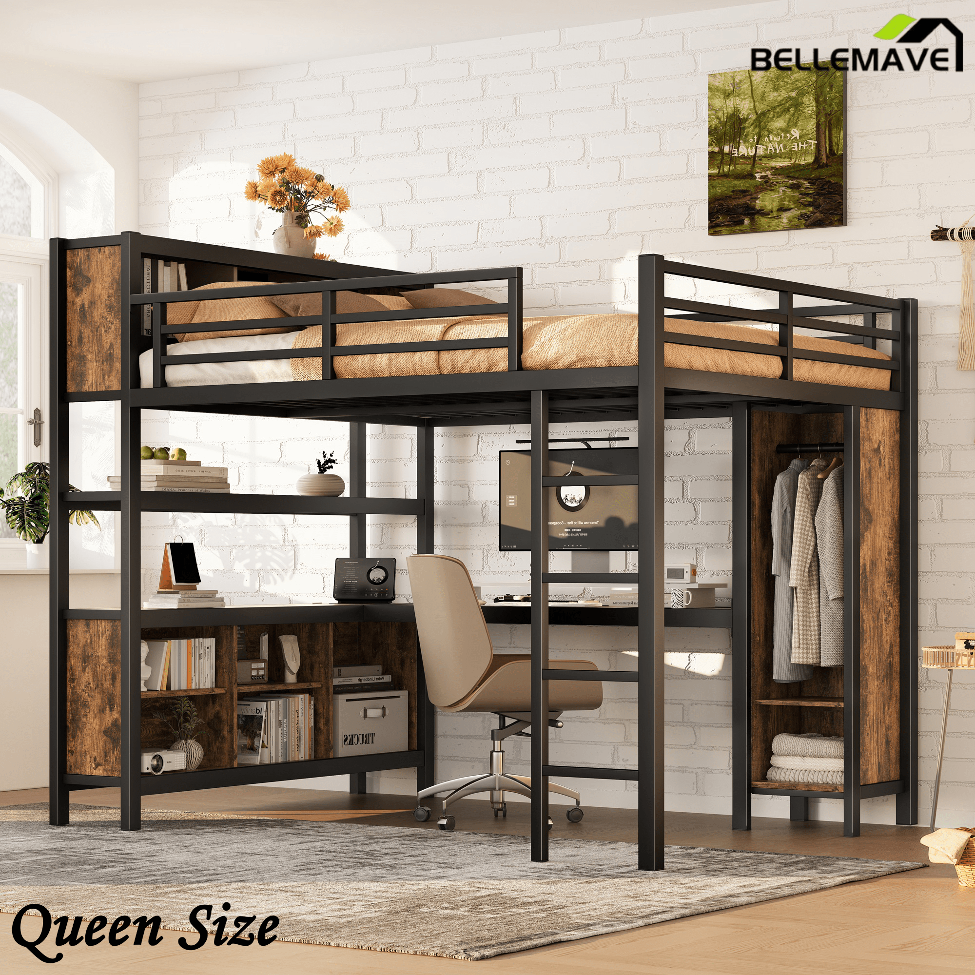 Bellemave® Queen Size Loft Bed with Desk, Wardrobe, Storage Cubes and Shelves, Metal Queen Loft Bed Frame for Adults, Kids, Teens, Black and Woodgrain - Bellemave