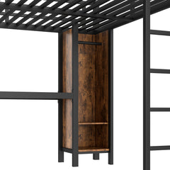 Bellemave® Queen Size Loft Bed with Desk, Wardrobe, Storage Cubes and Shelves, Metal Queen Loft Bed Frame for Adults, Kids, Teens, Black and Woodgrain - Bellemave