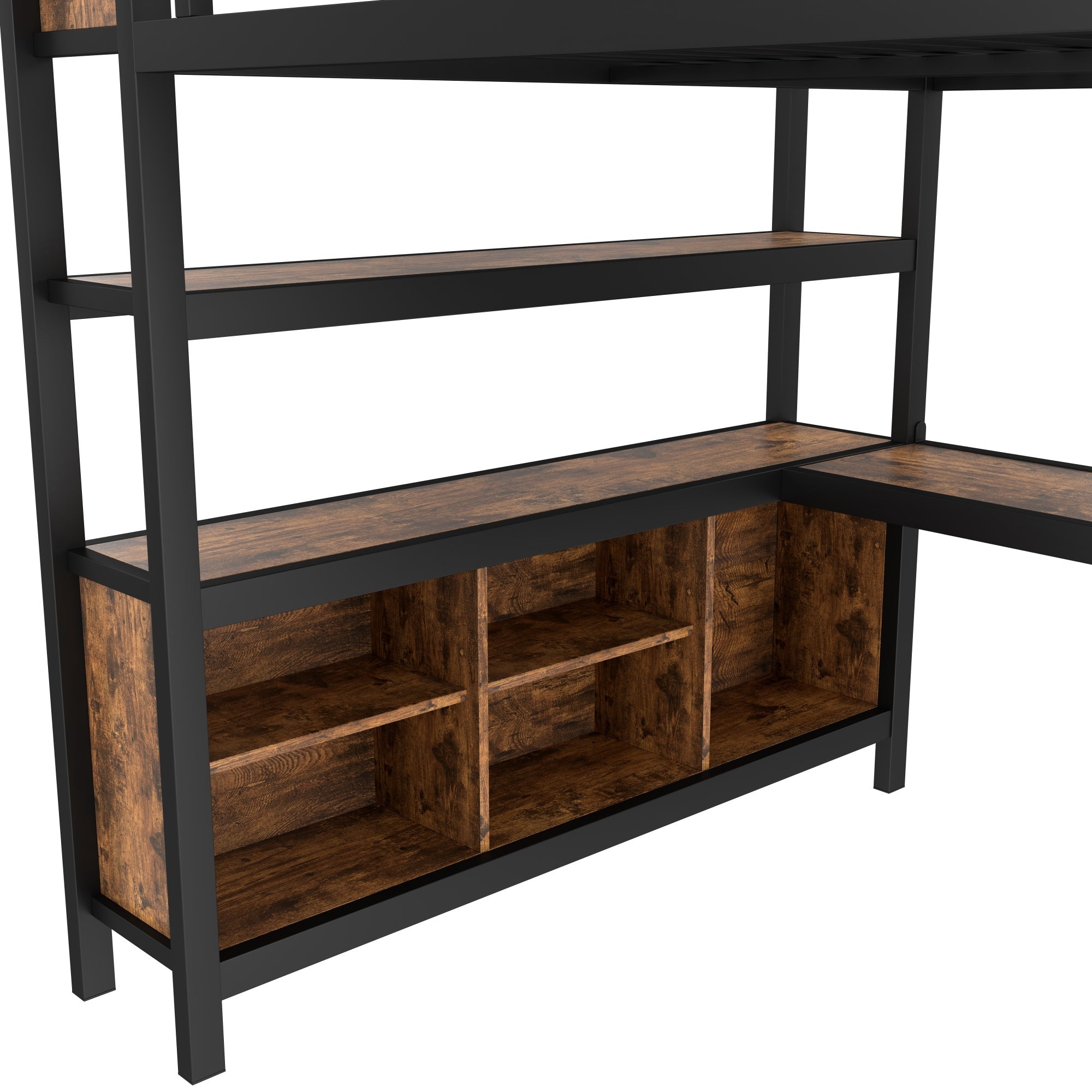Bellemave® Queen Size Loft Bed with Desk, Wardrobe, Storage Cubes and Shelves, Metal Queen Loft Bed Frame for Adults, Kids, Teens, Black and Woodgrain - Bellemave