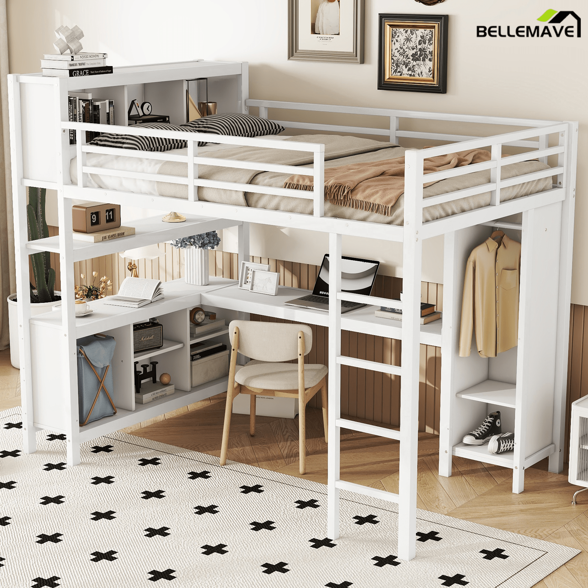 Bellemave® Queen Size Loft Bed with Desk, Wardrobe, Storage Cubes and Shelves, Metal Queen Loft Bed Frame for Adults, Kids, Teens, Black and Woodgrain - Bellemave