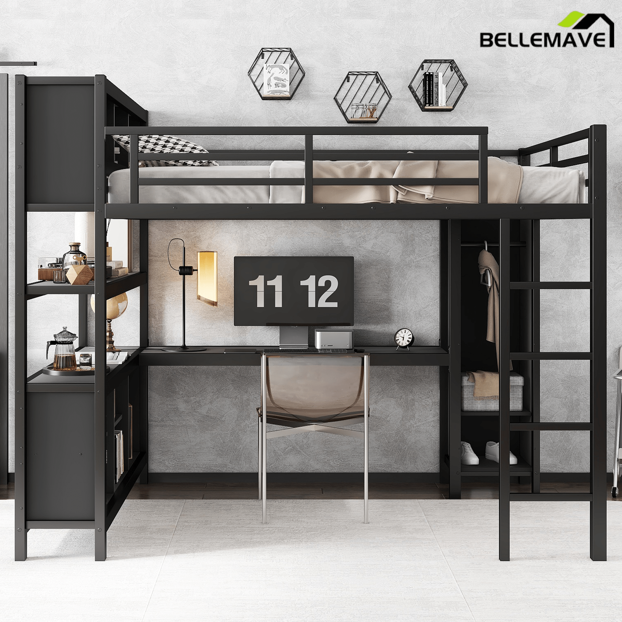 Bellemave® Queen Size Loft Bed with Desk, Wardrobe, Storage Cubes and Shelves, Metal Queen Loft Bed Frame for Adults, Kids, Teens, Black and Woodgrain - Bellemave