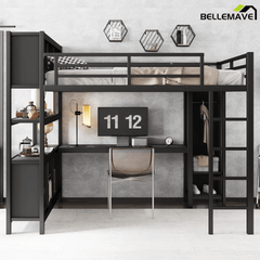 Bellemave® Queen Size Loft Bed with Desk, Wardrobe, Storage Cubes and Shelves, Metal Queen Loft Bed Frame for Adults, Kids, Teens, Black and Woodgrain - Bellemave