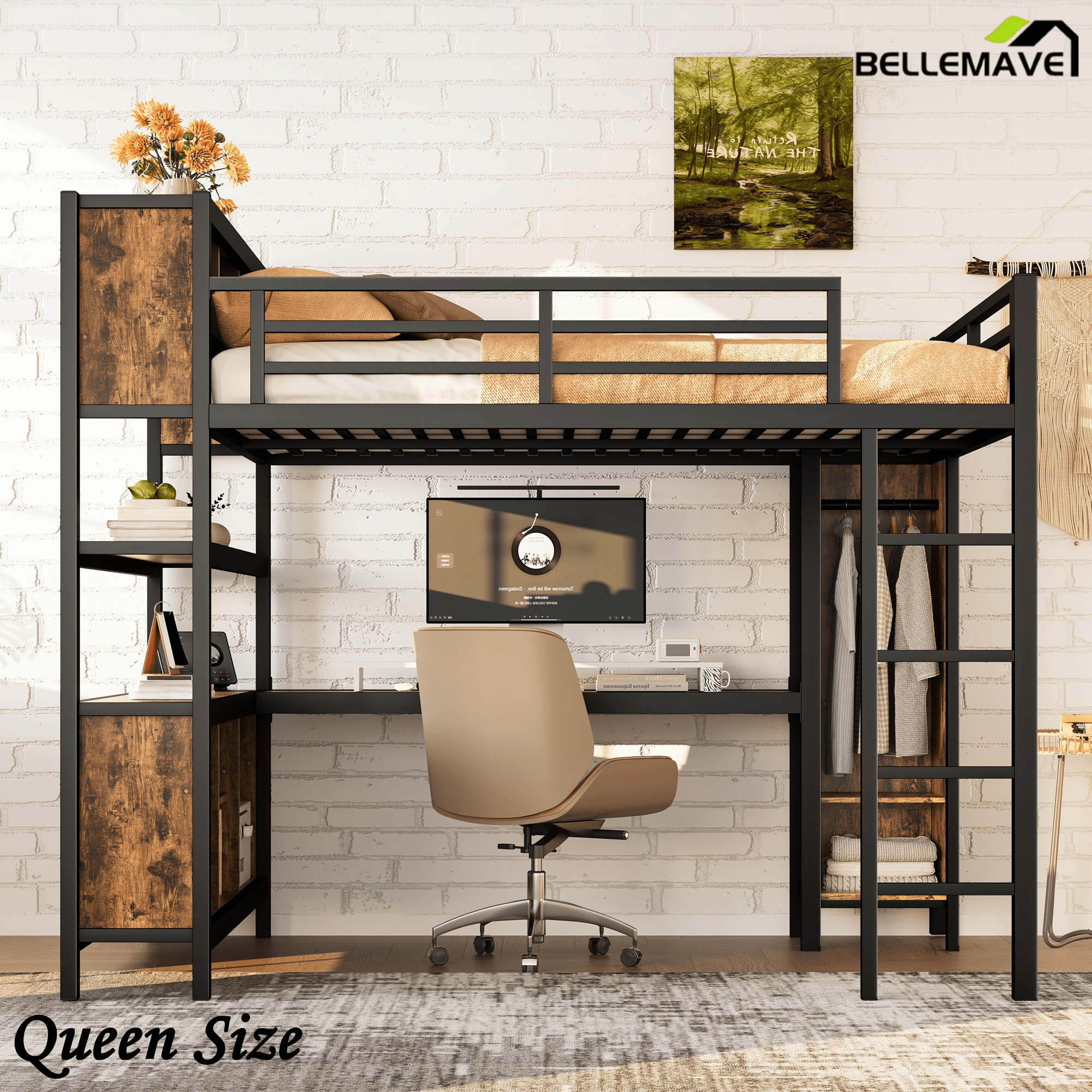 Bellemave® Queen Size Loft Bed with Desk, Wardrobe, Storage Cubes and Shelves, Metal Queen Loft Bed Frame for Adults, Kids, Teens, Black and Woodgrain - Bellemave