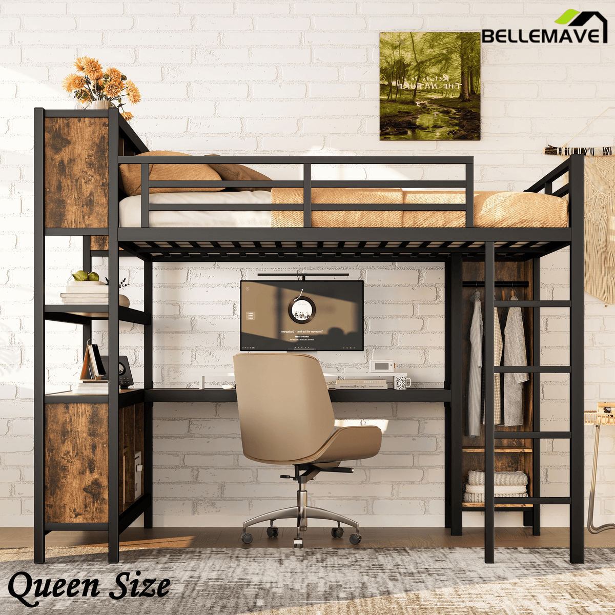 Bellemave® Queen Size Loft Bed with Desk, Wardrobe, Storage Cubes and Shelves, Metal Queen Loft Bed Frame for Adults, Kids, Teens, Black and Woodgrain - Bellemave
