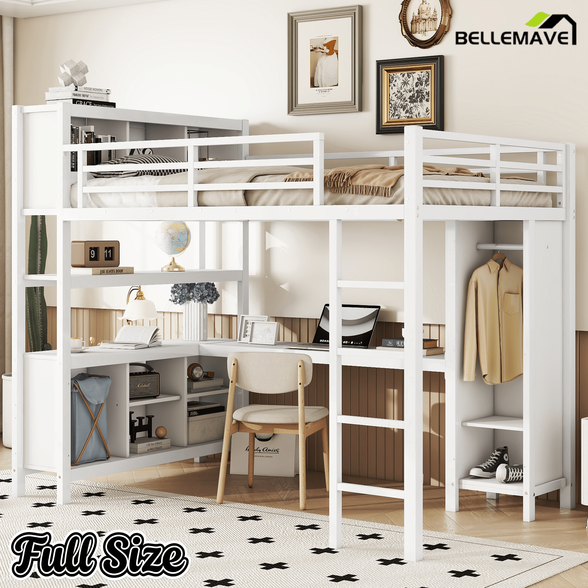 Bellemave® Queen Size Loft Bed with Desk, Wardrobe, Storage Cubes and Shelves, Metal Queen Loft Bed Frame for Adults, Kids, Teens, Black and Woodgrain - Bellemave
