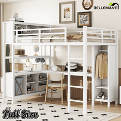 Bellemave® Queen Size Loft Bed with Desk, Wardrobe, Storage Cubes and Shelves, Metal Queen Loft Bed Frame for Adults, Kids, Teens, Black and Woodgrain - Bellemave