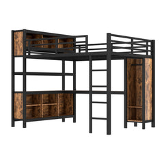 Bellemave® Queen Size Loft Bed with Desk, Wardrobe, Storage Cubes and Shelves, Metal Queen Loft Bed Frame for Adults, Kids, Teens, Black and Woodgrain - Bellemave