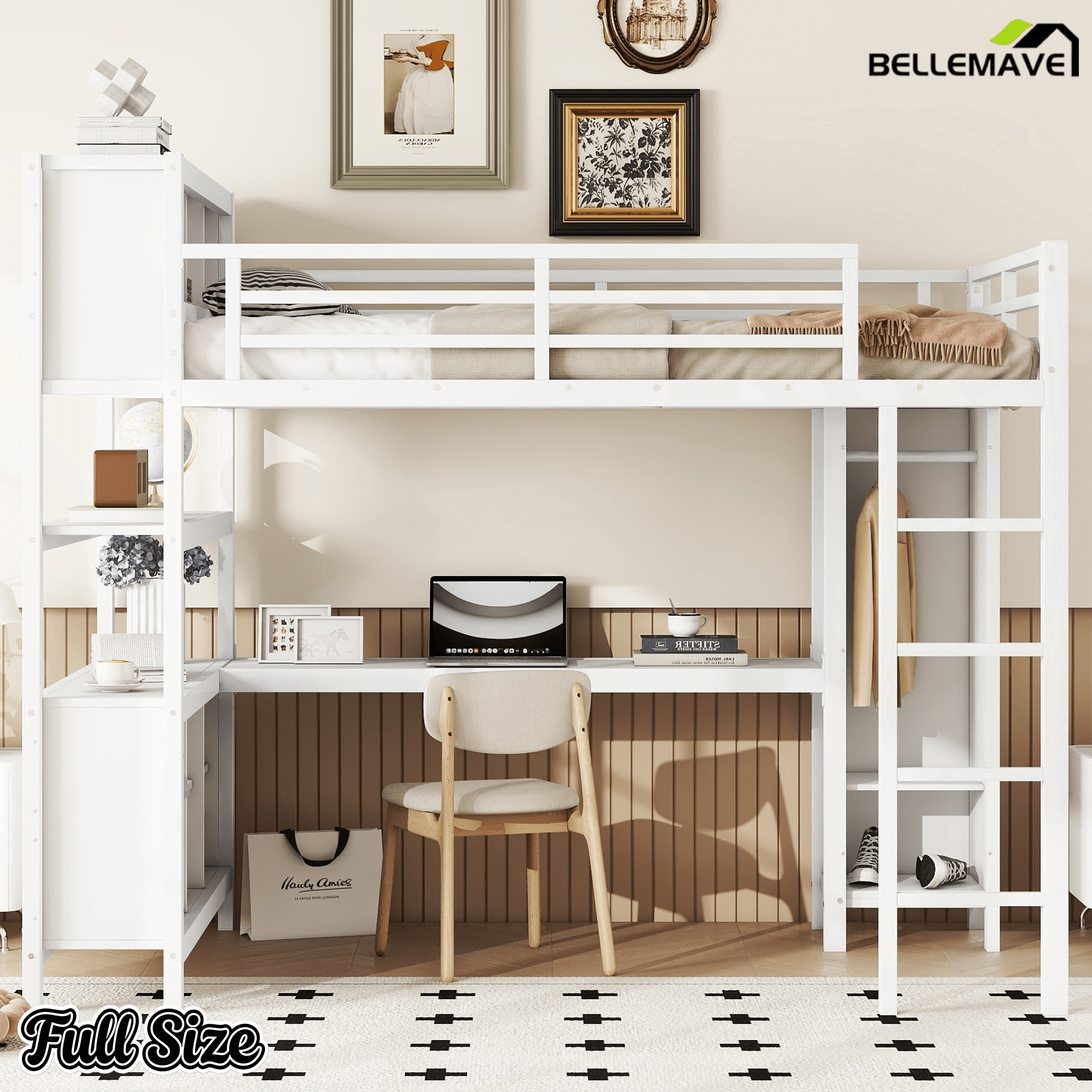 Bellemave® Queen Size Loft Bed with Desk, Wardrobe, Storage Cubes and Shelves, Metal Queen Loft Bed Frame for Adults, Kids, Teens, Black and Woodgrain - Bellemave