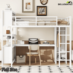 Bellemave® Queen Size Loft Bed with Desk, Wardrobe, Storage Cubes and Shelves, Metal Queen Loft Bed Frame for Adults, Kids, Teens, Black and Woodgrain - Bellemave