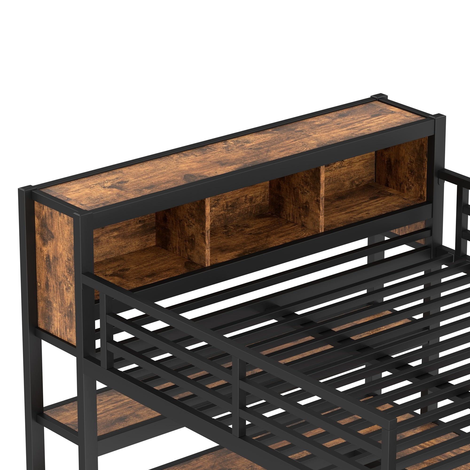 Bellemave® Queen Size Loft Bed with Desk, Wardrobe, Storage Cubes and Shelves, Metal Queen Loft Bed Frame for Adults, Kids, Teens, Black and Woodgrain - Bellemave