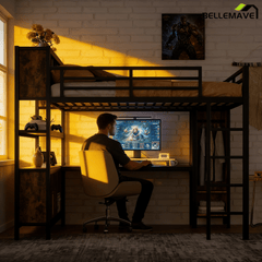 Bellemave® Queen Size Loft Bed with Desk, Wardrobe, Storage Cubes and Shelves, Metal Queen Loft Bed Frame for Adults, Kids, Teens, Black and Woodgrain - Bellemave