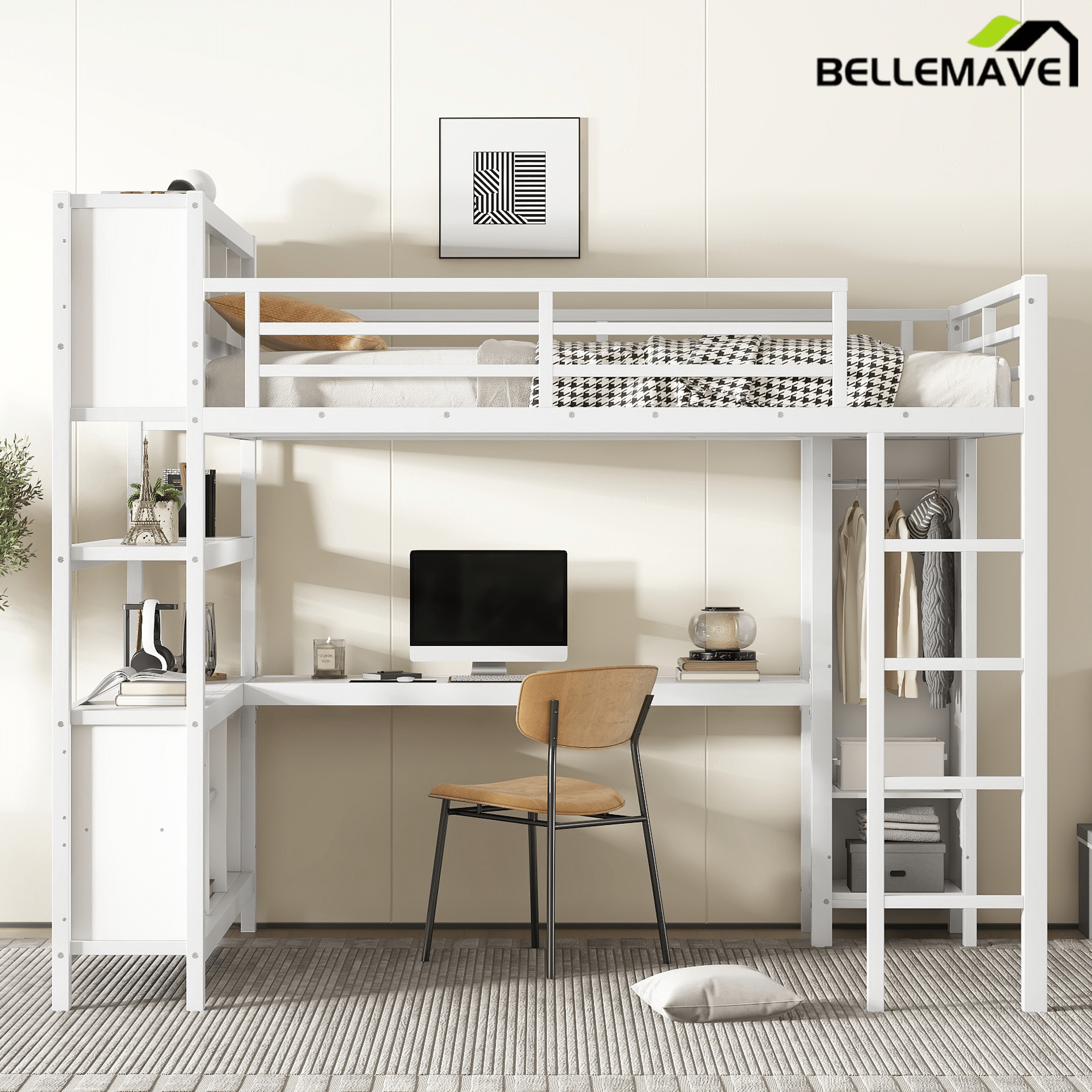Bellemave® Queen Size Loft Bed with Desk, Wardrobe, Storage Cubes and Shelves, Metal Queen Loft Bed Frame for Adults, Kids, Teens, Black and Woodgrain - Bellemave