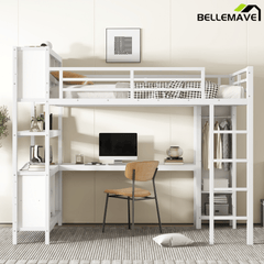 Bellemave® Queen Size Loft Bed with Desk, Wardrobe, Storage Cubes and Shelves, Metal Queen Loft Bed Frame for Adults, Kids, Teens, Black and Woodgrain - Bellemave