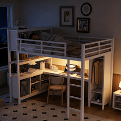 Bellemave® Queen Size Loft Bed with Desk, Wardrobe, Storage Cubes and Shelves, Metal Queen Loft Bed Frame for Adults, Kids, Teens, Black and Woodgrain - Bellemave