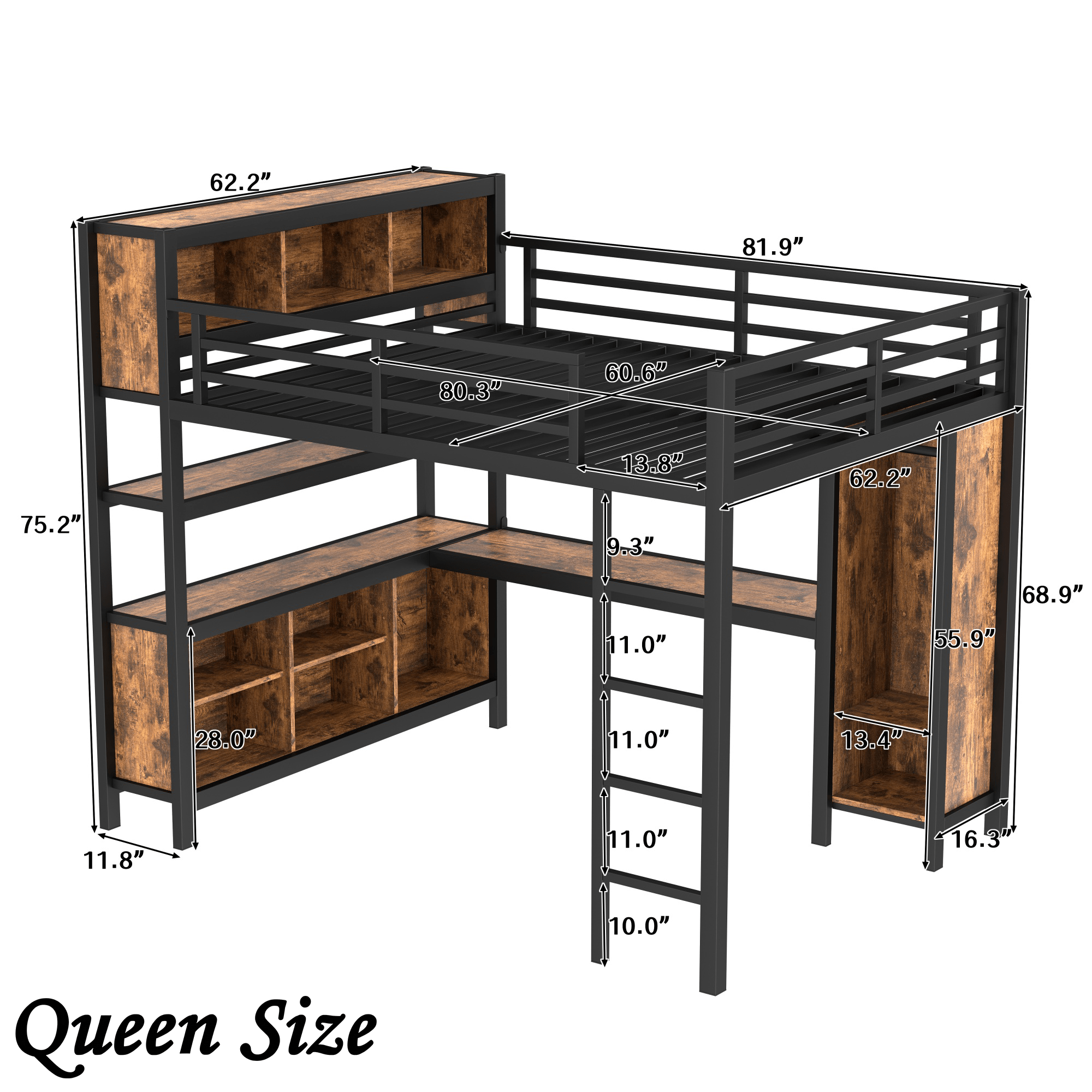 Bellemave® Queen Size Loft Bed with Desk, Wardrobe, Storage Cubes and Shelves, Metal Queen Loft Bed Frame for Adults, Kids, Teens, Black and Woodgrain - Bellemave