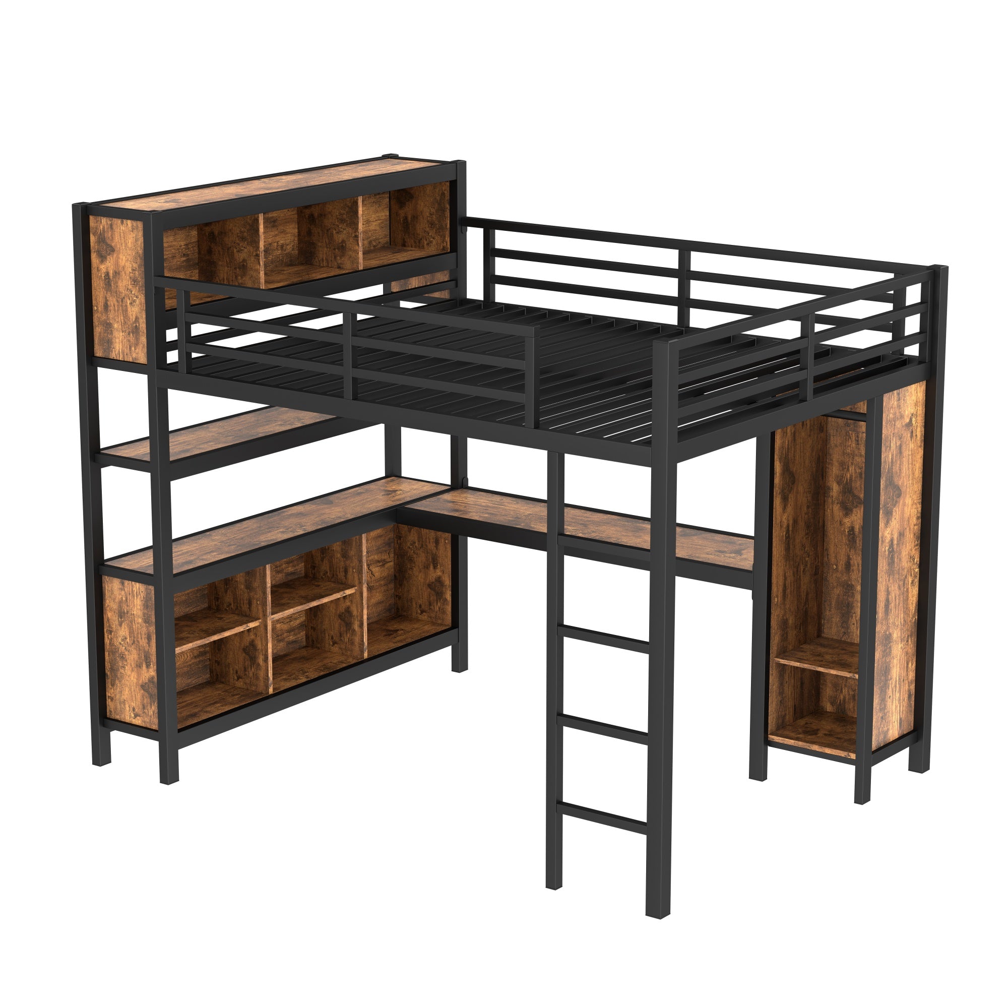 Bellemave® Queen Size Loft Bed with Desk, Wardrobe, Storage Cubes and Shelves, Metal Queen Loft Bed Frame for Adults, Kids, Teens, Black and Woodgrain - Bellemave