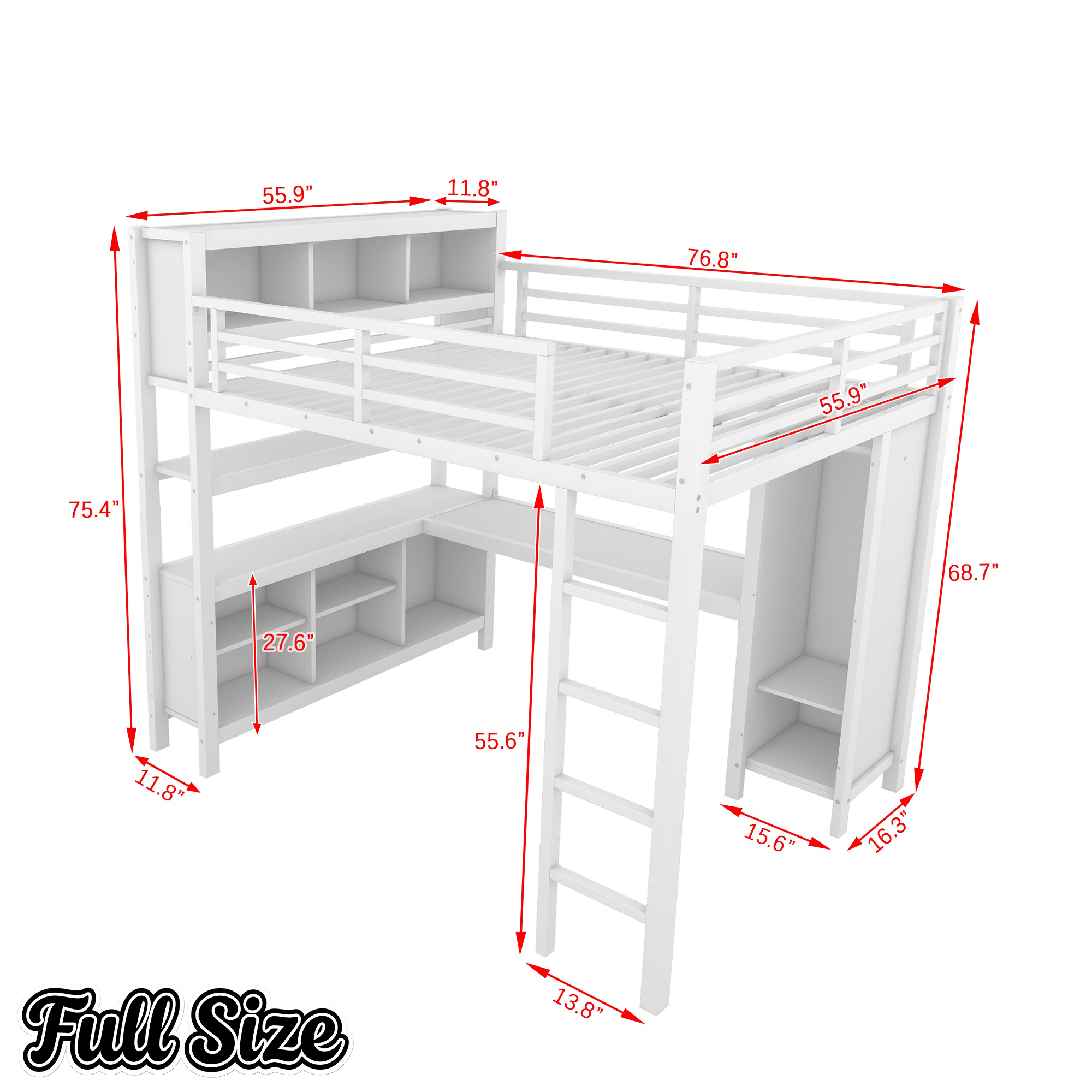 Bellemave® Queen Size Loft Bed with Desk, Wardrobe, Storage Cubes and Shelves, Metal Queen Loft Bed Frame for Adults, Kids, Teens, Black and Woodgrain - Bellemave