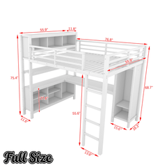 Bellemave® Queen Size Loft Bed with Desk, Wardrobe, Storage Cubes and Shelves, Metal Queen Loft Bed Frame for Adults, Kids, Teens, Black and Woodgrain - Bellemave