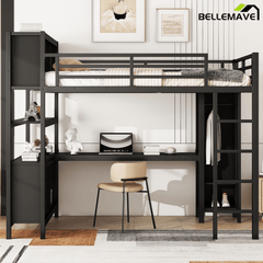 Bellemave® Queen Size Loft Bed with Desk, Wardrobe, Storage Cubes and Shelves, Metal Queen Loft Bed Frame for Adults, Kids, Teens, Black and Woodgrain - Bellemave
