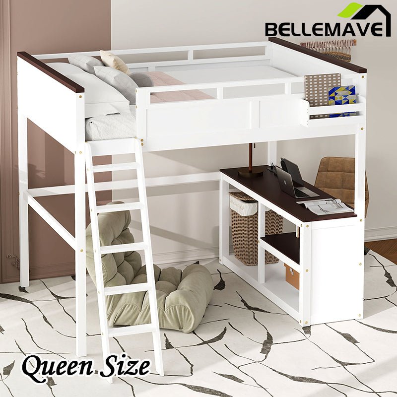 Bellemave® Queen Size Loft Bed with Desk,Open Shelf and a Storage Box,USB Charging Station - Bellemave