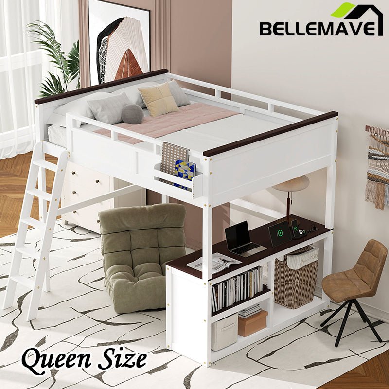 Bellemave® Queen Size Loft Bed with Desk,Open Shelf and a Storage Box,USB Charging Station - Bellemave