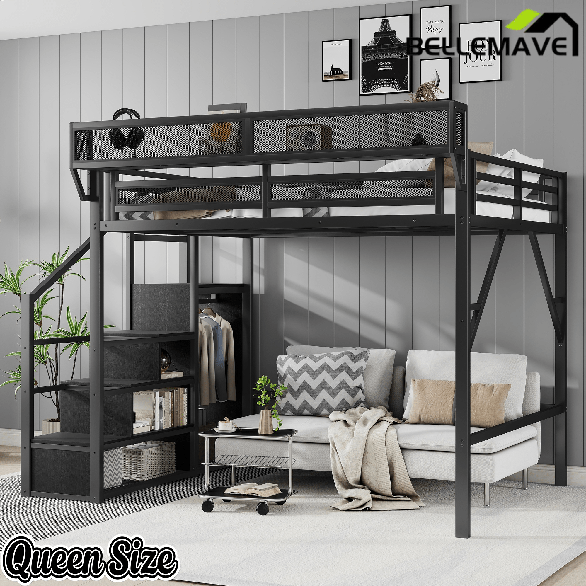 Bellemave® Queen Size Loft Bed with Stairs and Storage, Metal Loft Bed Frame with Bedside Shelf & Large Under - Bed Space, Heavy - Duty Beds for Adults Teens and Kids, Black - Bellemave