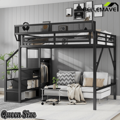 Bellemave® Queen Size Loft Bed with Stairs and Storage, Metal Loft Bed Frame with Bedside Shelf & Large Under - Bed Space, Heavy - Duty Beds for Adults Teens and Kids, Black - Bellemave